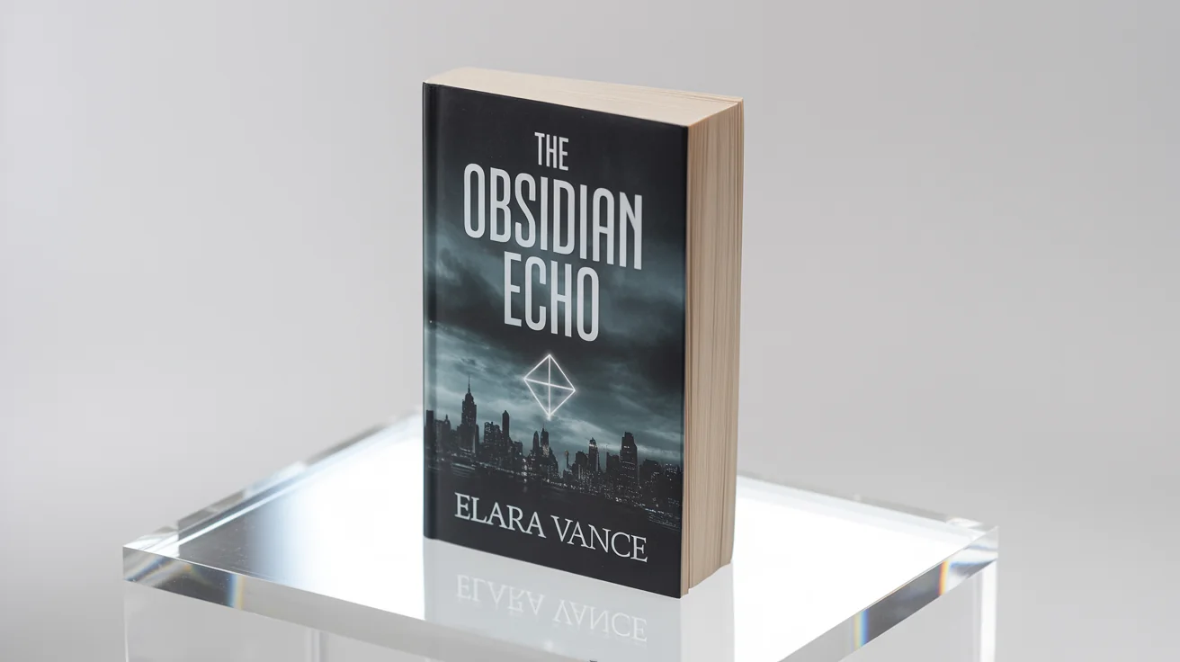 A professional mockup of a hardcover book with a dark fantasy cover, titled 'THE OBSIDIAN ECHO' by 'ELARA VANCE', standing on a reflective white surface against a clean white background.