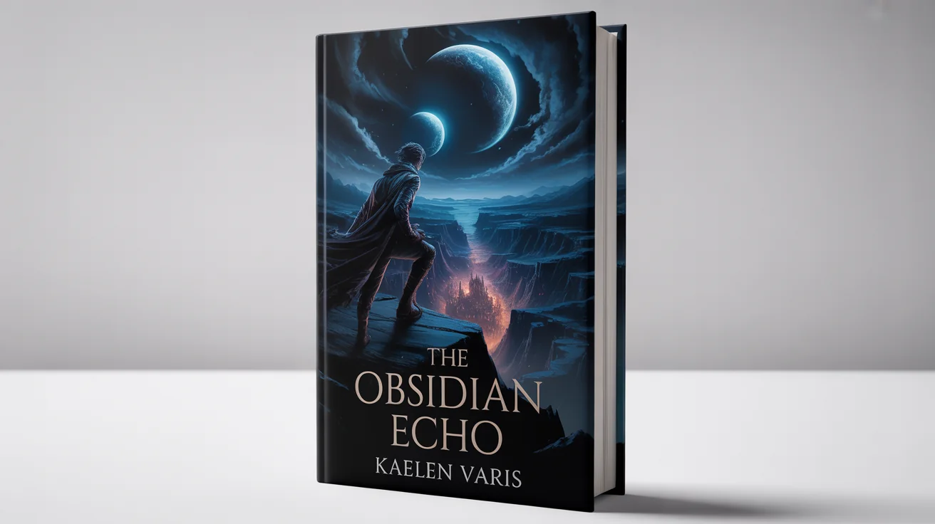 A professional mockup of a hardcover fantasy novel titled 'The Obsidian Echo' by author 'Kaelen Varis', standing against a white background.
