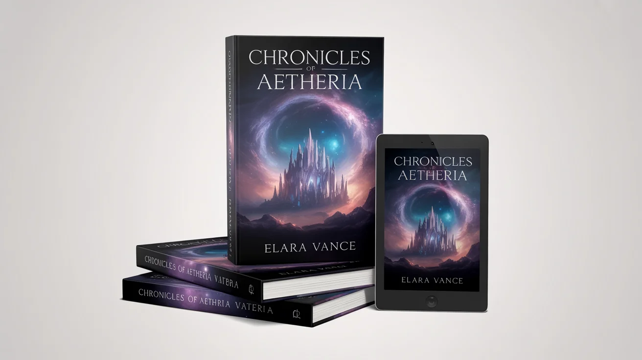 A professional mockup of a fantasy book titled 'Chronicles of Aetheria' shown as a hardcover, a paperback, and on an e-reader screen against a clean white background.