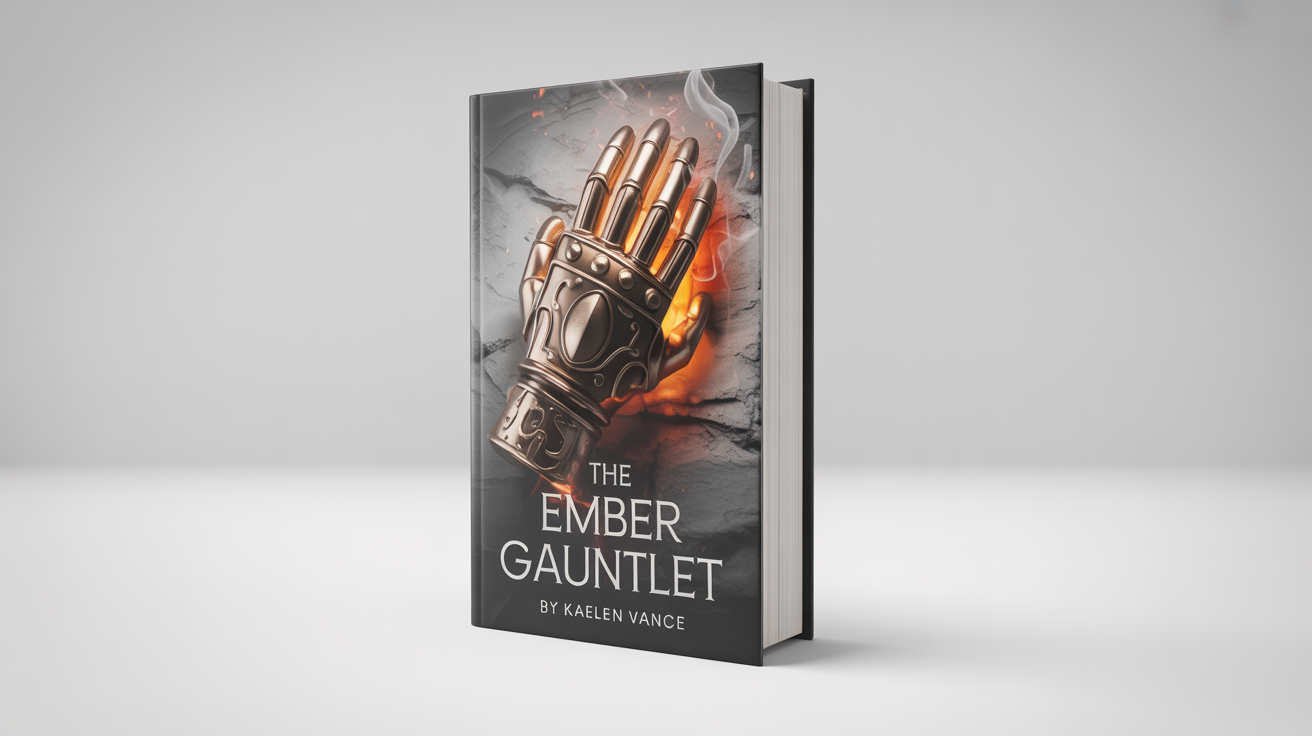 A professional mockup of a fantasy novel titled 'The Ember Gauntlet' by Kaelen Vance, standing on a white background. The cover features a dark, detailed gauntlet with glowing embers.