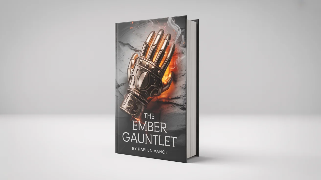 A professional mockup of a fantasy novel titled 'The Ember Gauntlet' by Kaelen Vance, standing on a white background. The cover features a dark, detailed gauntlet with glowing embers.