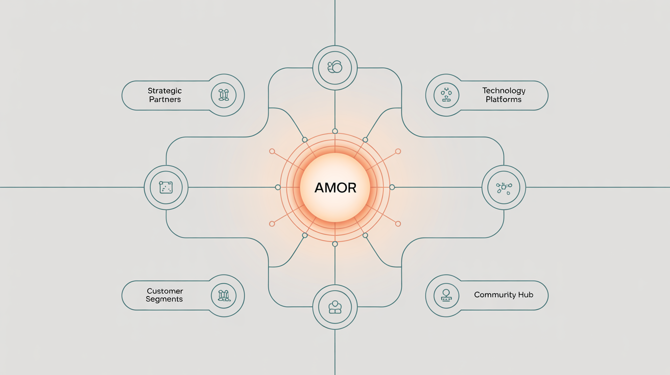 A professionally designed ecosystem map shown in a 16:9 format. The map uses a blue, green, and teal color scheme and displays interconnected nodes with labels like 'Technology Platforms' and 'Customer Segments' on a light gray background, representing a final infographic design.