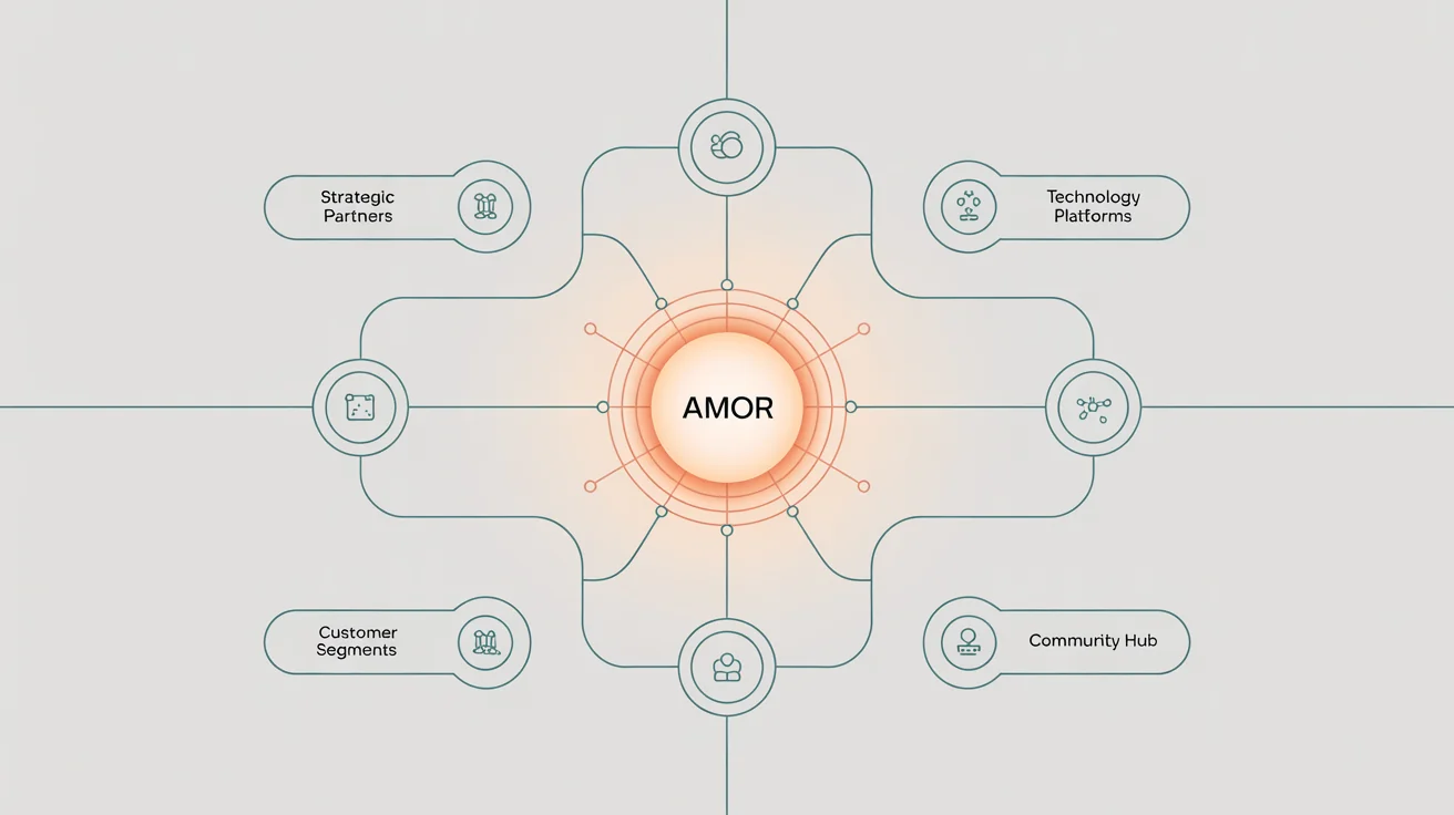 A professionally designed ecosystem map shown in a 16:9 format. The map uses a blue, green, and teal color scheme and displays interconnected nodes with labels like 'Technology Platforms' and 'Customer Segments' on a light gray background, representing a final infographic design.
