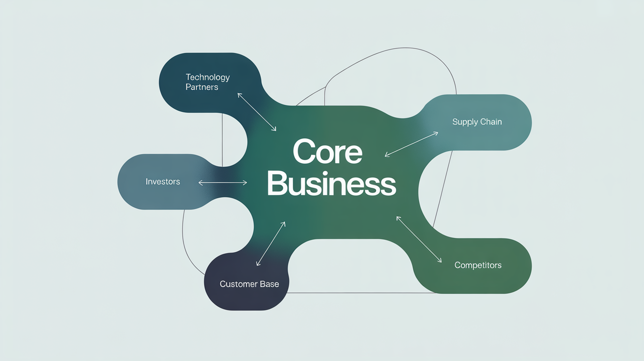 A minimalist and professional ecosystem map diagram showing a central 'Core Business' node connected to various other nodes like partners, customers, and investors.