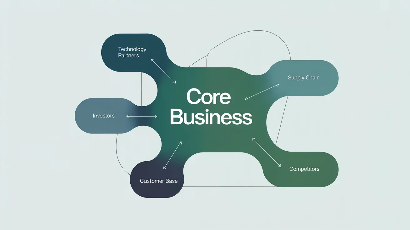 A minimalist and professional ecosystem map diagram showing a central 'Core Business' node connected to various other nodes like partners, customers, and investors.