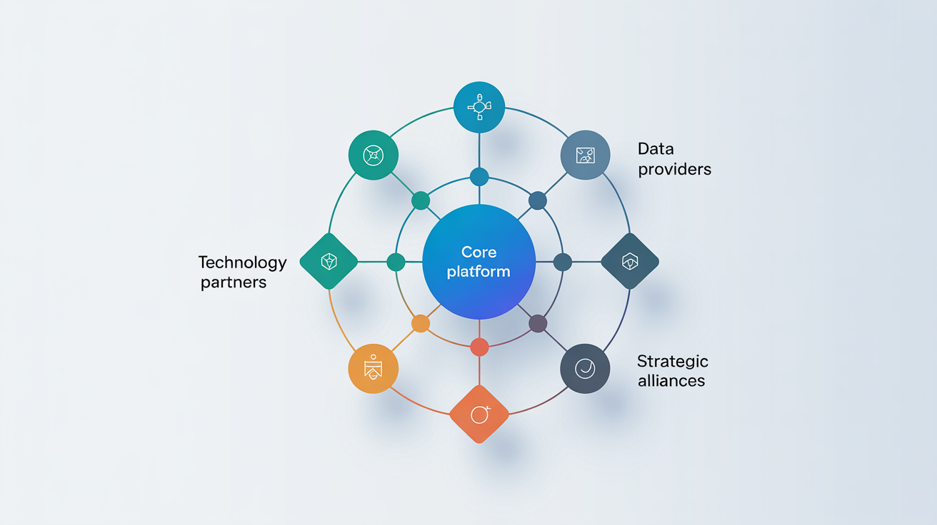 A modern infographic of a business ecosystem map on a white background, showing a central 'Core Platform' node connected to other nodes like 'Technology Partners' and 'Customer Segments' via a network of lines.