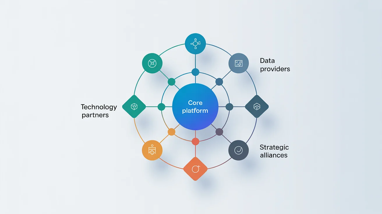 A modern infographic of a business ecosystem map on a white background, showing a central 'Core Platform' node connected to other nodes like 'Technology Partners' and 'Customer Segments' via a network of lines.