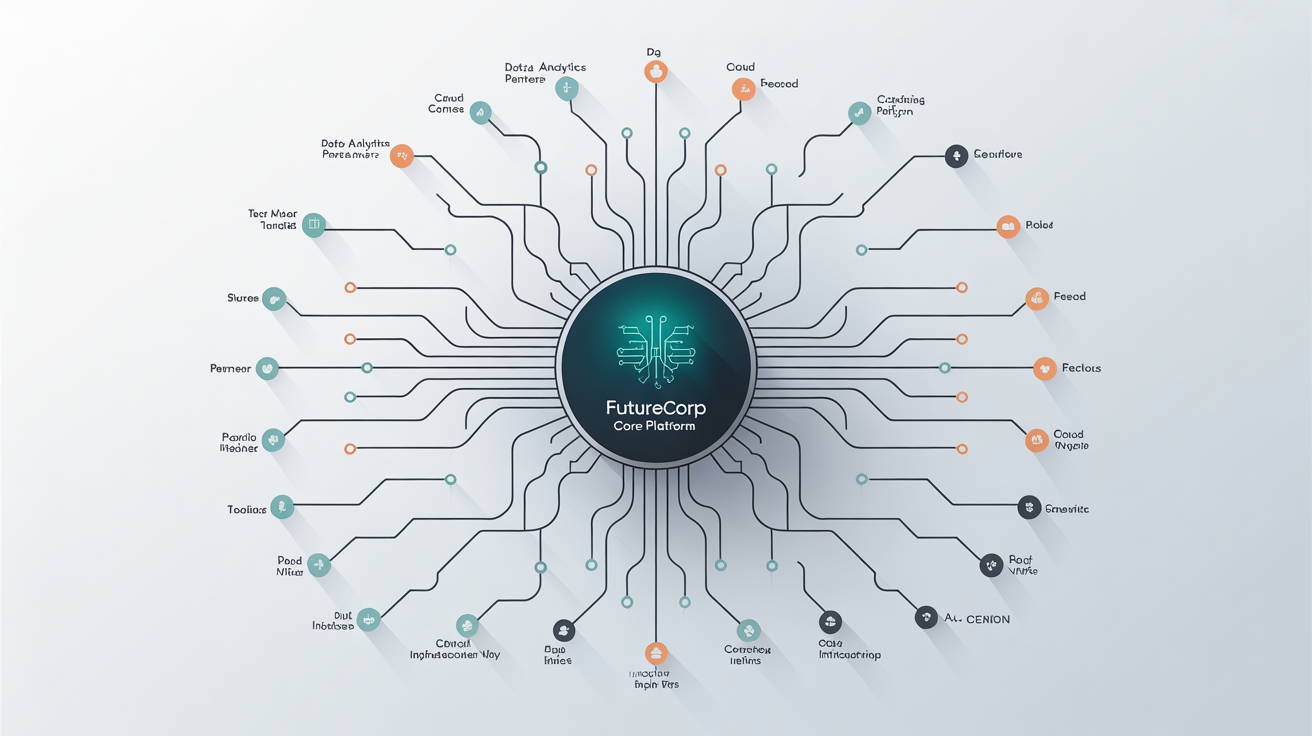 An infographic of a business ecosystem map on a white background. A central hub labeled 'FutureCorp Core Platform' connects to various nodes representing partners, customers, and infrastructure, illustrating a complex network.