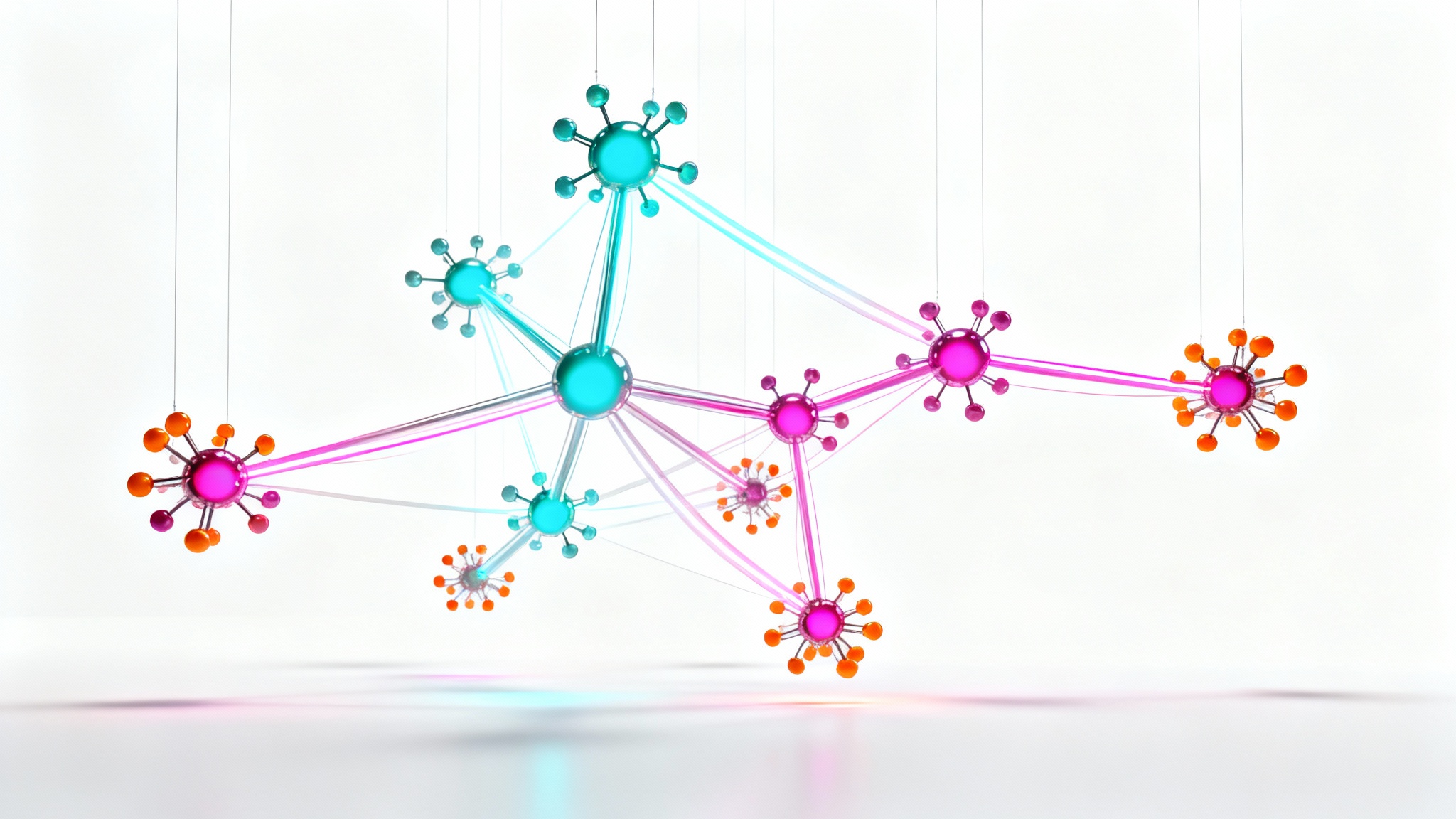 An abstract 3D visualization of an ecosystem map, featuring a network of glowing, colorful spheres connected by luminous lines against a plain white background.