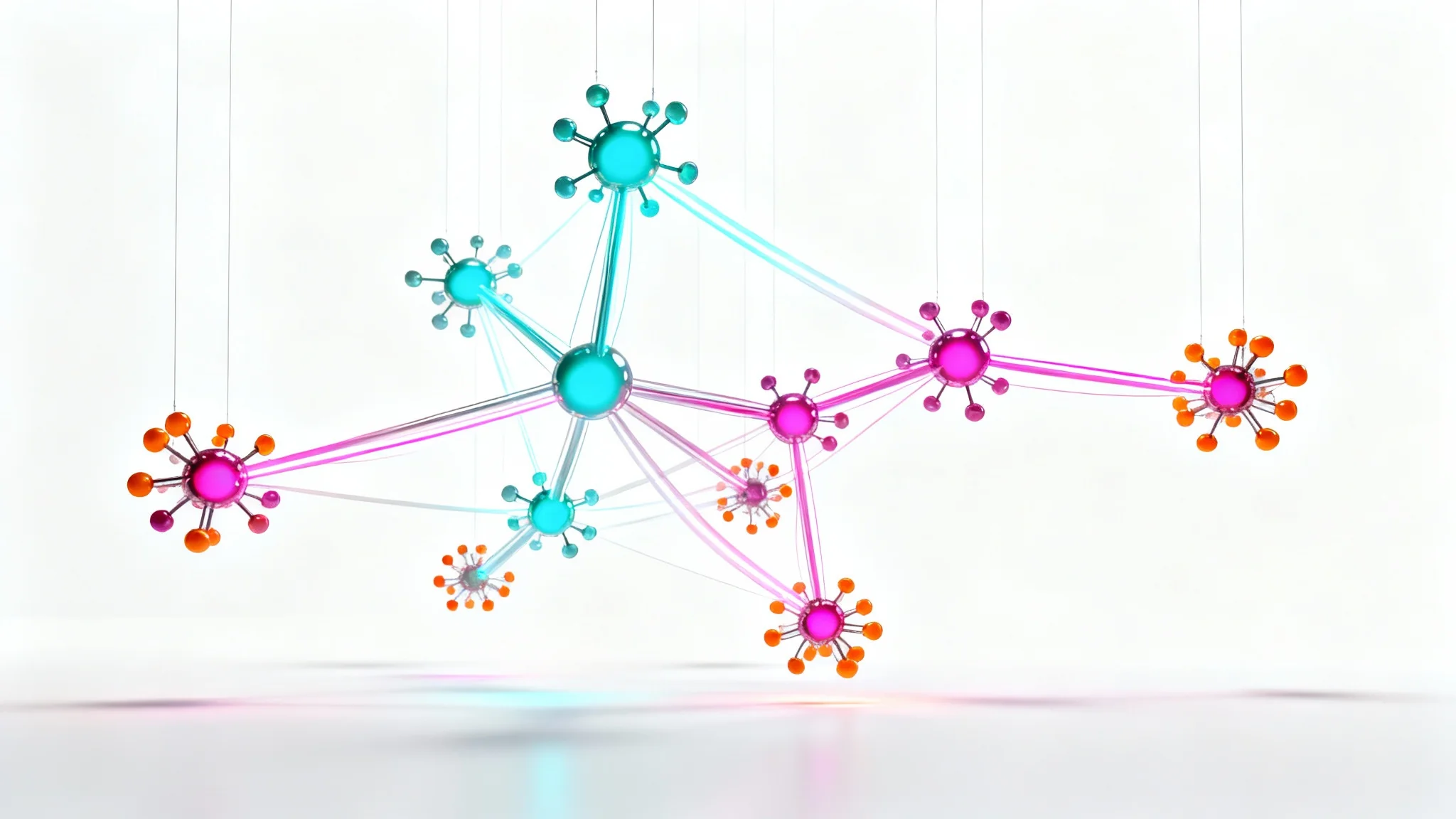 An abstract 3D visualization of an ecosystem map, featuring a network of glowing, colorful spheres connected by luminous lines against a plain white background.