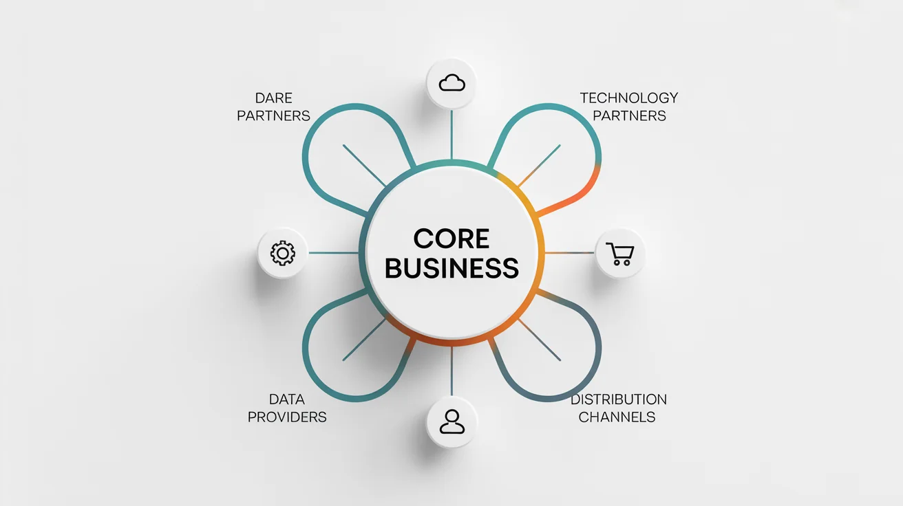 A modern vector diagram of a business ecosystem map on a white background. A central node labeled 'Core Business' is connected by colored lines to smaller nodes representing partners, data providers, and users.