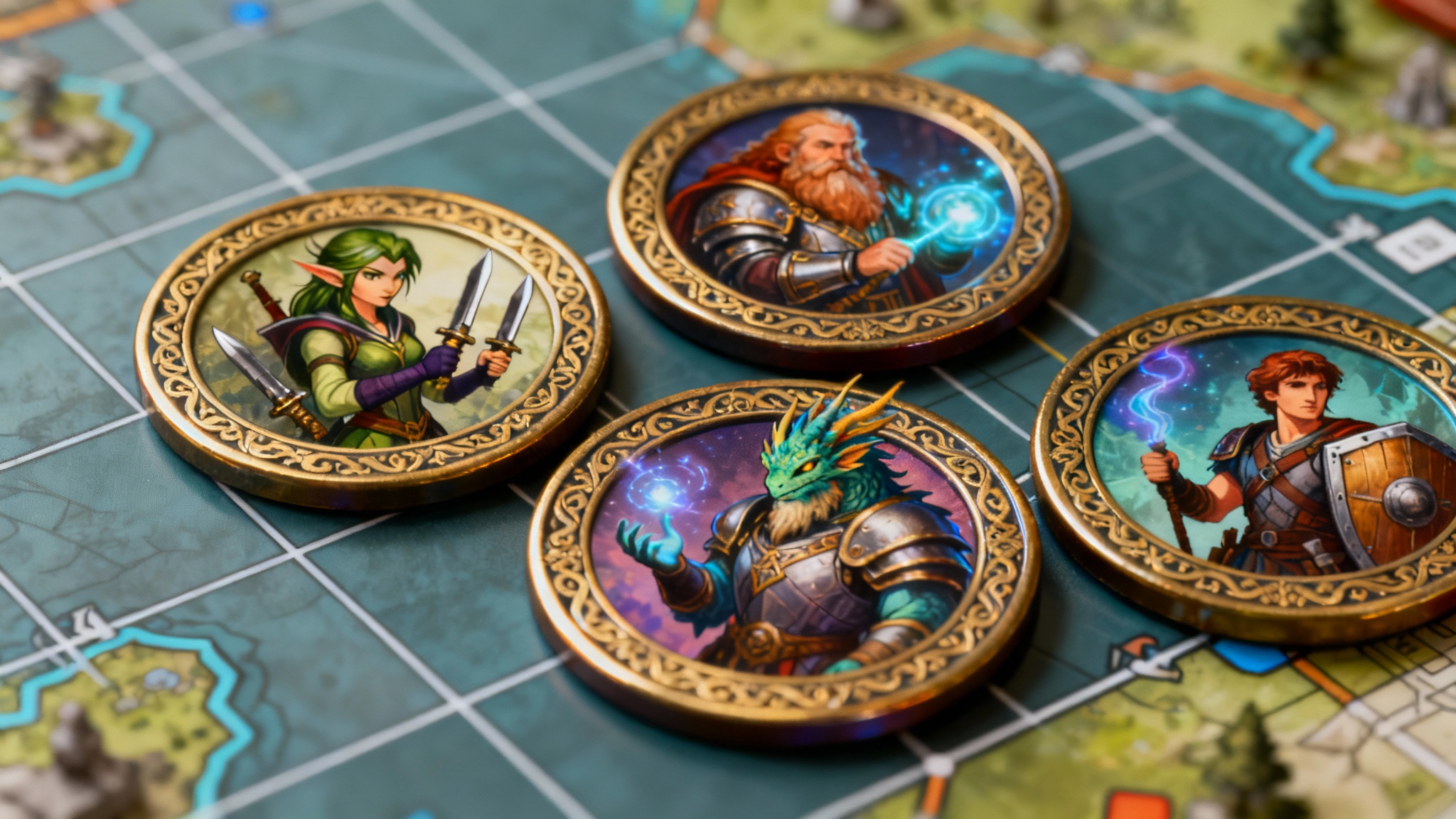 A close-up shot of four professionally designed, circular RPG tokens arranged on a digital battle map, showcasing the final output of an RPG token creator tool.