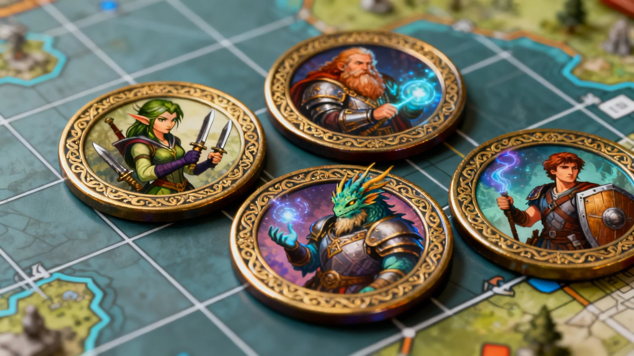 A close-up shot of four professionally designed, circular RPG tokens arranged on a digital battle map, showcasing the final output of an RPG token creator tool.