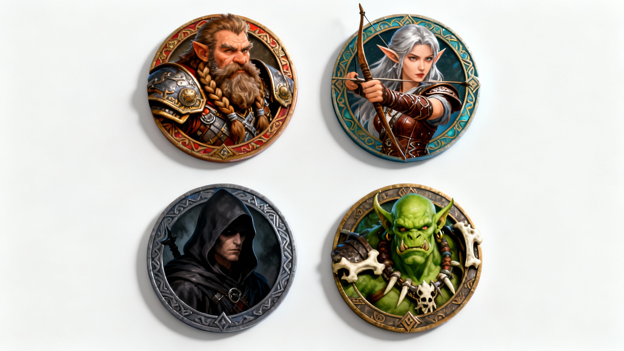 A collection of four fantasy RPG character tokens on a white background, featuring a dwarf warrior, an elf archer, a human rogue, and an orc shaman.