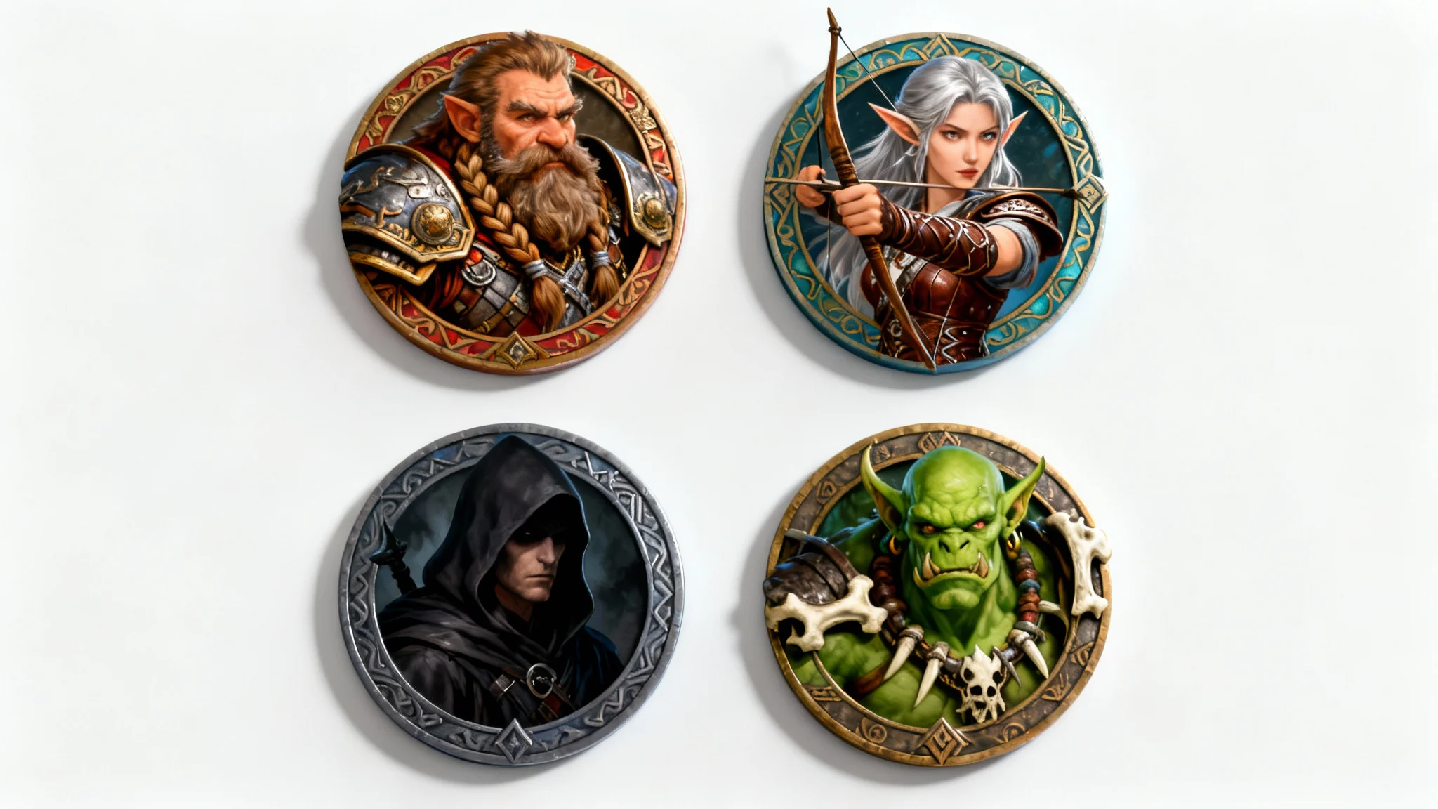 A collection of four fantasy RPG character tokens on a white background, featuring a dwarf warrior, an elf archer, a human rogue, and an orc shaman.