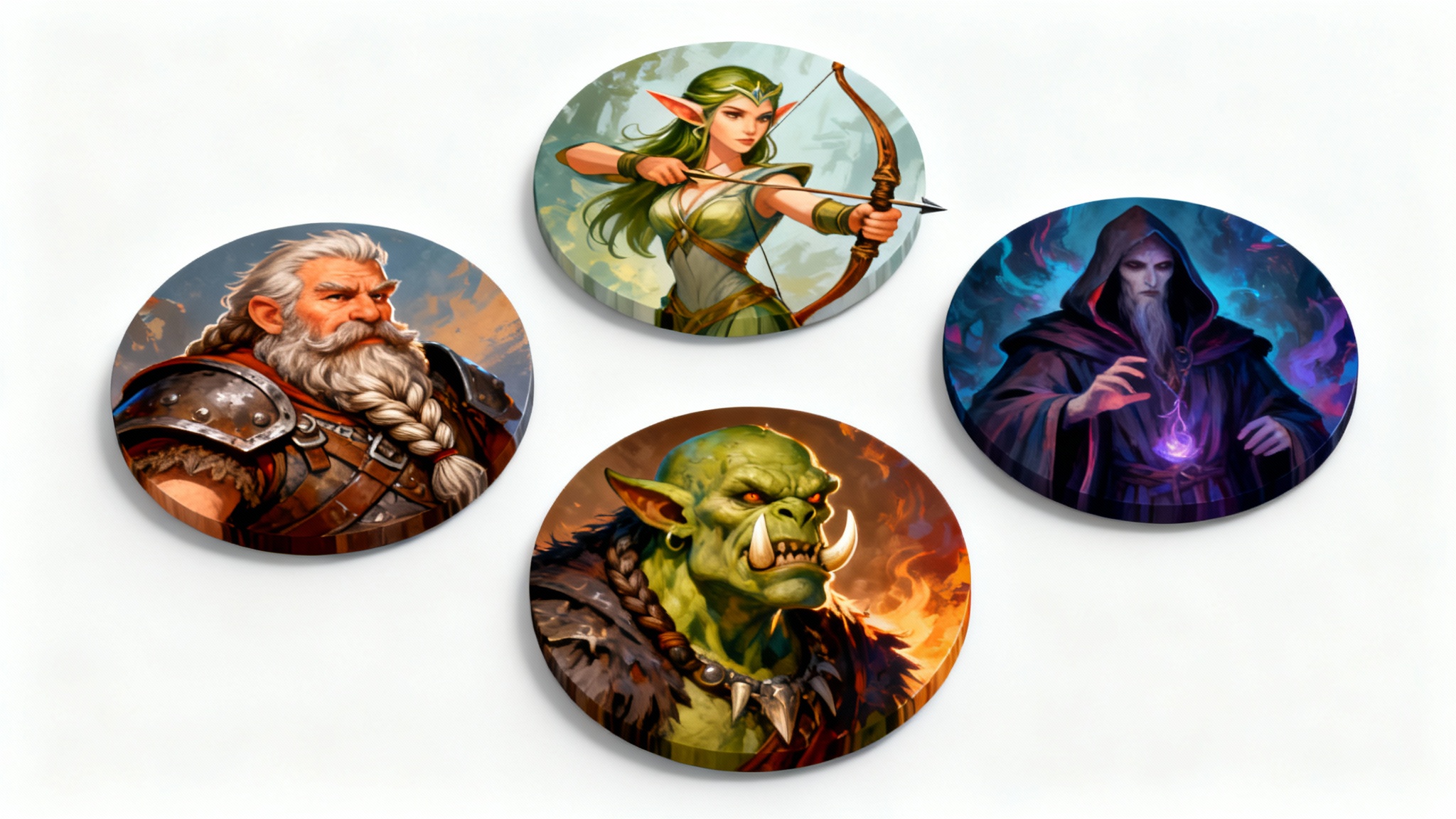 A collection of four high-quality, circular RPG tokens displaying fantasy characters, a dwarf, an elf, an orc, and a mage, on a white background.