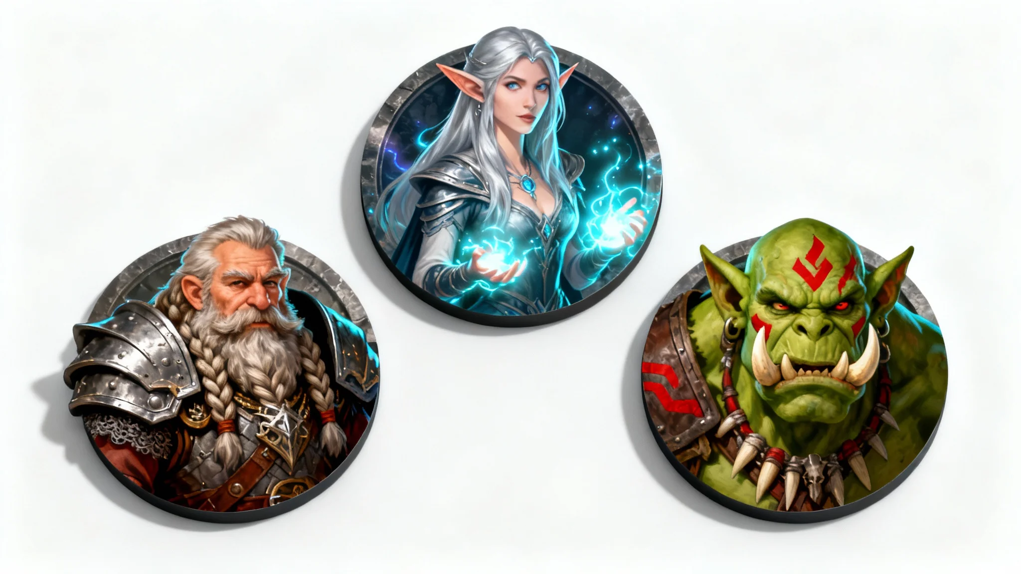 Three circular RPG character tokens on a white background, featuring a dwarf warrior, an elven sorceress, and an orc chieftain in a detailed digital fantasy art style.