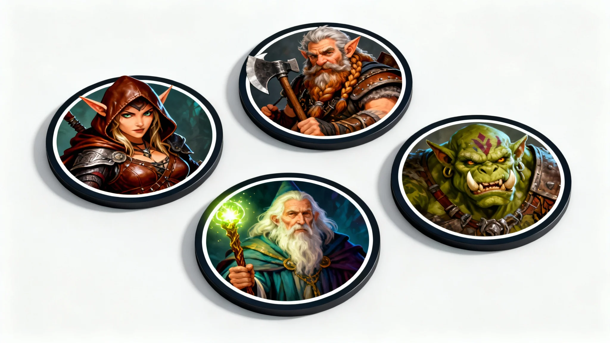 A collection of four circular fantasy RPG tokens on a white background, showing top-down portraits of an elf rogue, a dwarf warrior, a human wizard, and an orc.