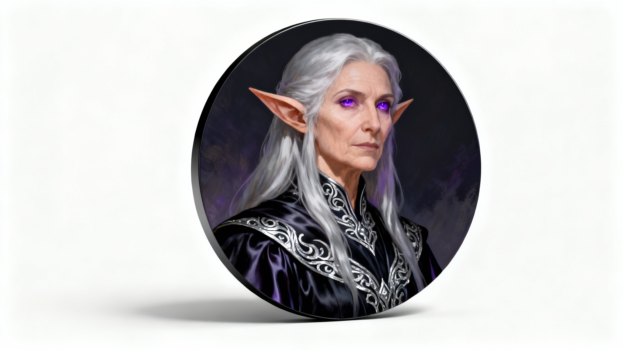 A circular RPG token mockup of a wise elven sorceress with silver hair and purple eyes, shown on a clean white background.
