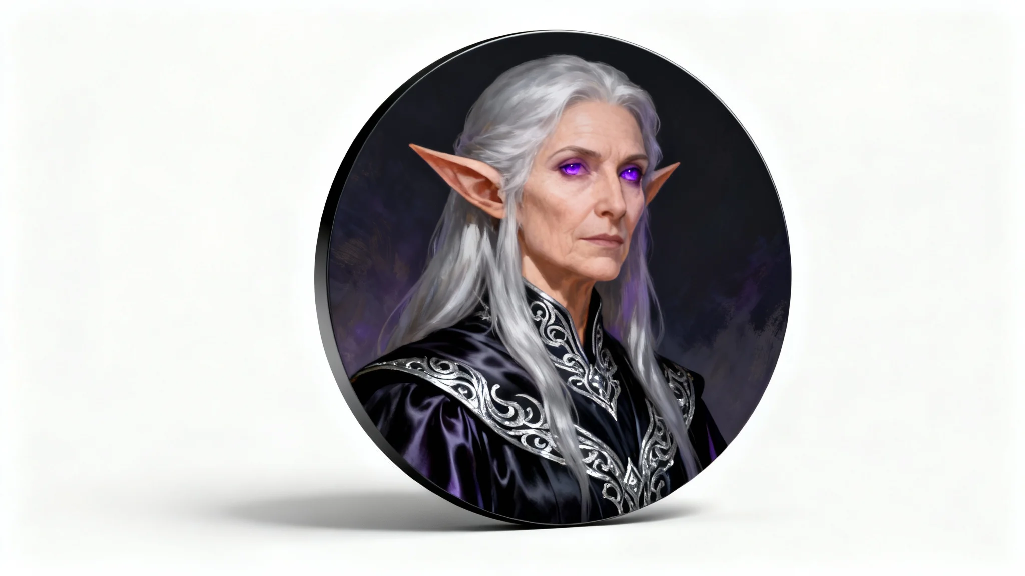 A circular RPG token mockup of a wise elven sorceress with silver hair and purple eyes, shown on a clean white background.