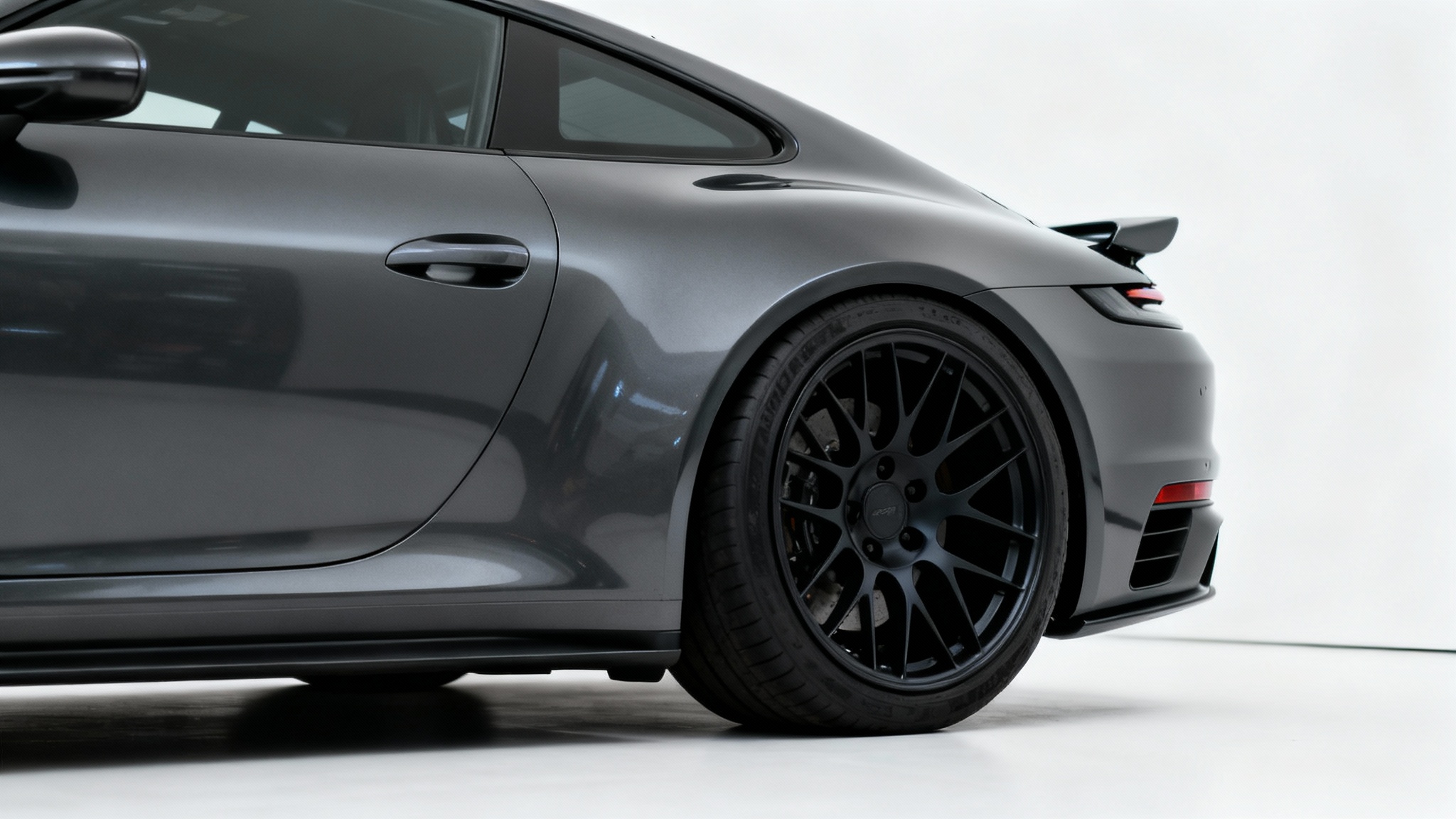 A close-up shot of a charcoal grey sports car's wheel, demonstrating a perfect, flush fitment of a custom matte black rim against the car's fender on a clean white background.
