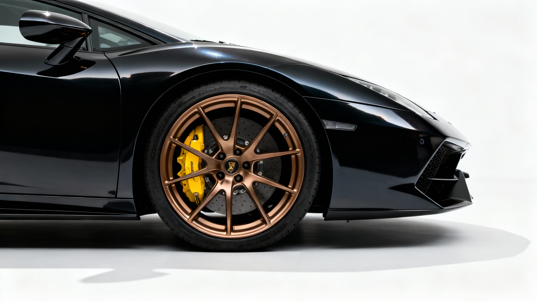 A photorealistic close-up of a black sports car's front wheel, showcasing a perfect, flush fitment of a custom bronze alloy wheel against the fender, set against a clean white background.