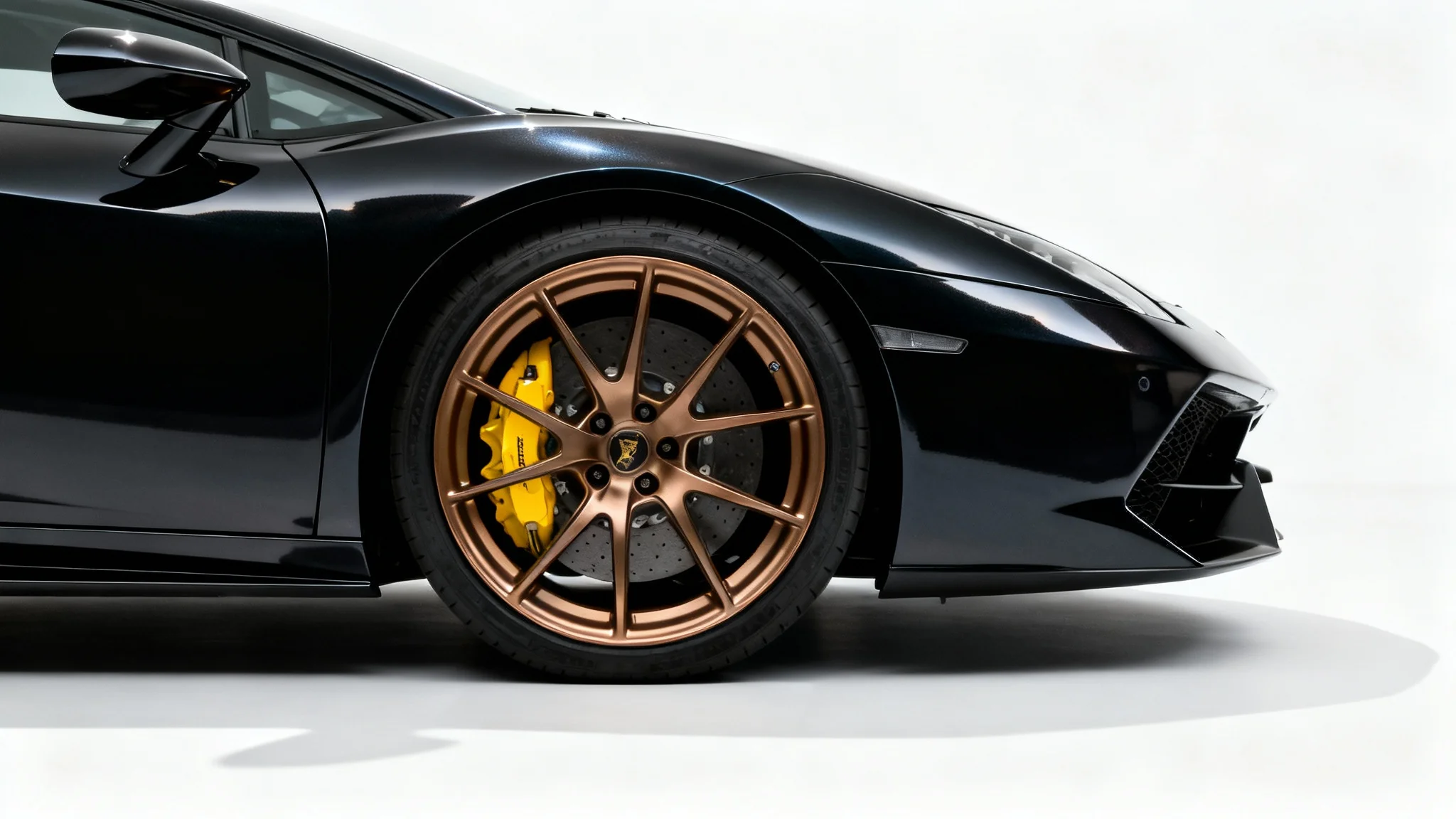 A photorealistic close-up of a black sports car's front wheel, showcasing a perfect, flush fitment of a custom bronze alloy wheel against the fender, set against a clean white background.