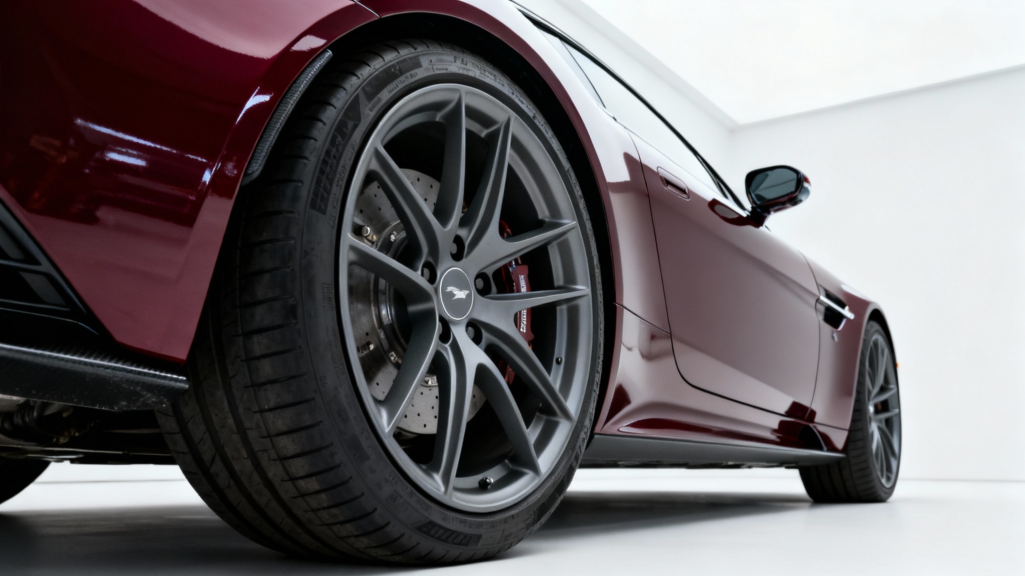 A close-up, photorealistic image of a custom graphite grey wheel on a red sports car, demonstrating perfect, flush fitment within the fender, set against a plain white background.