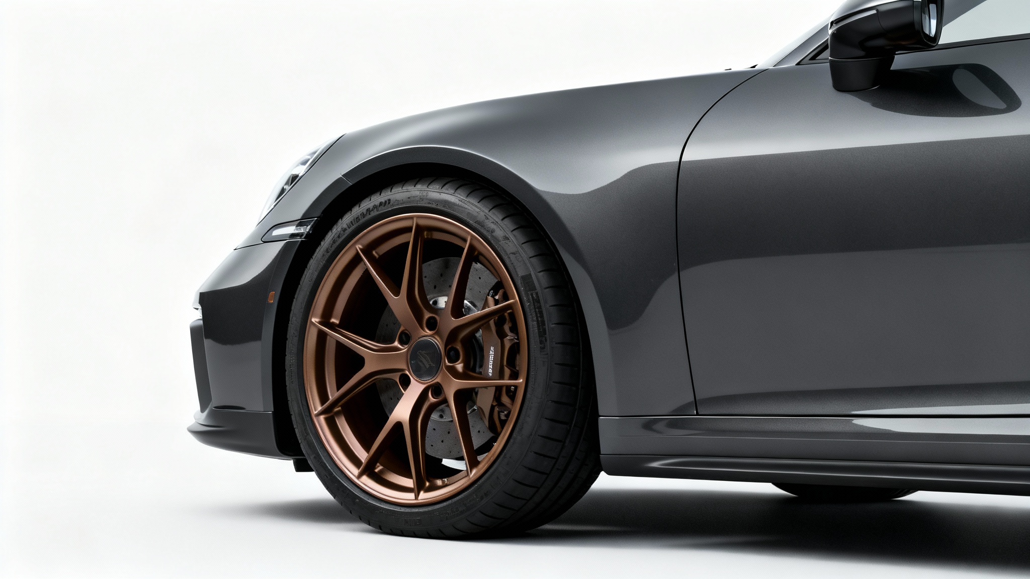 A close-up of a high-performance bronze wheel showing perfect, flush fitment on a dark grey sports car against a white background.