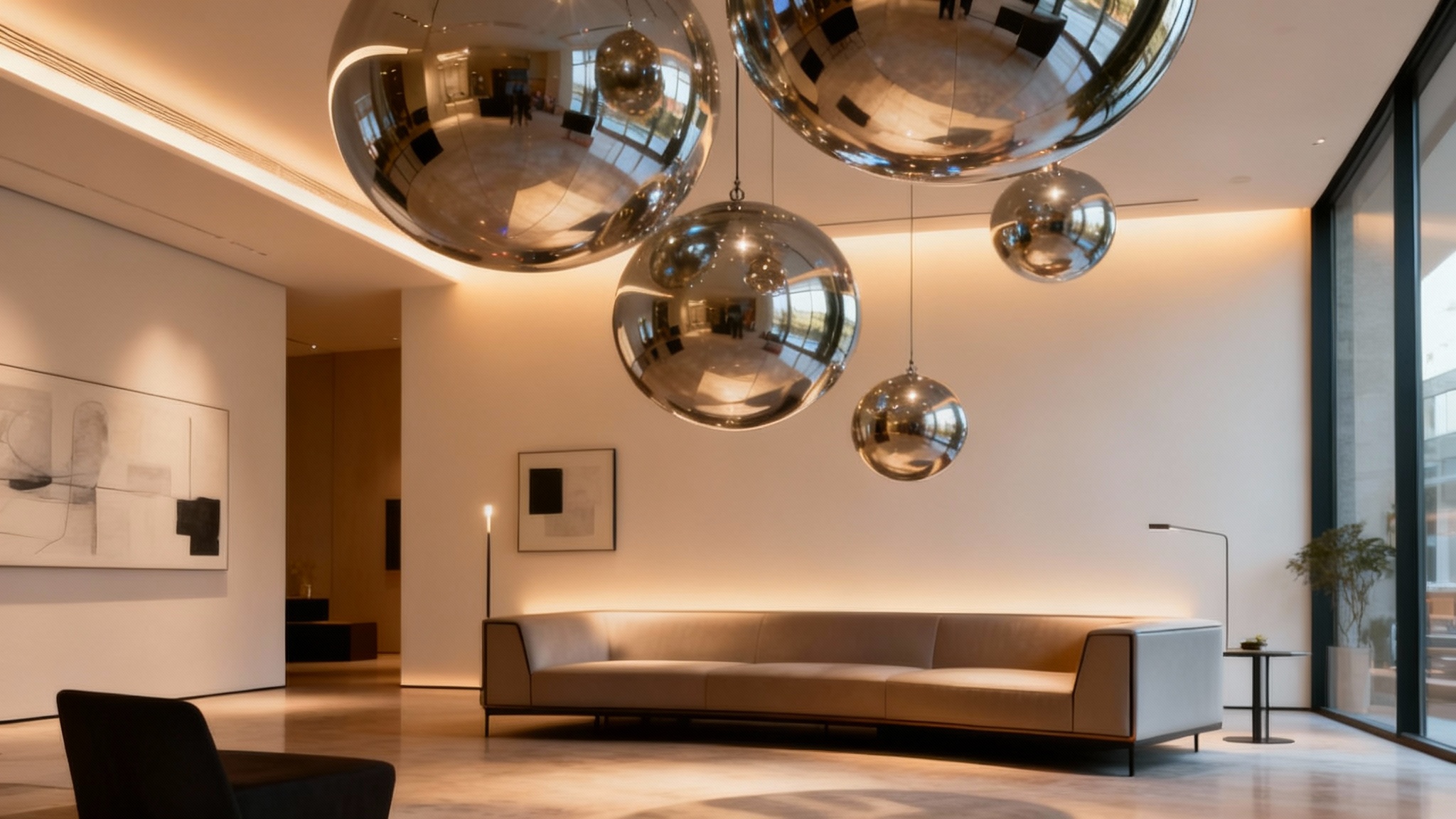 A wide-angle view of a sophisticated modern lounge with a stunning art installation of large, hanging mirror spheres reflecting the room's warm light.