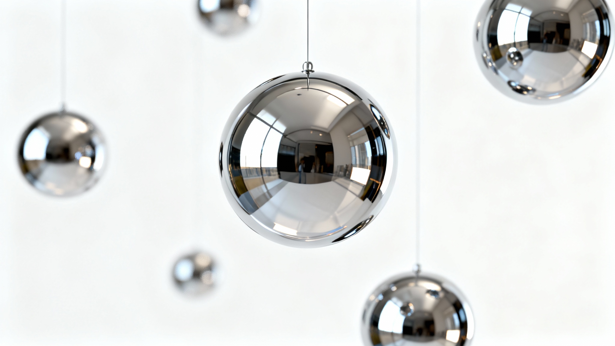 An elegant arrangement of several chrome mirror spheres hanging at different heights against a stark white background, reflecting soft light.