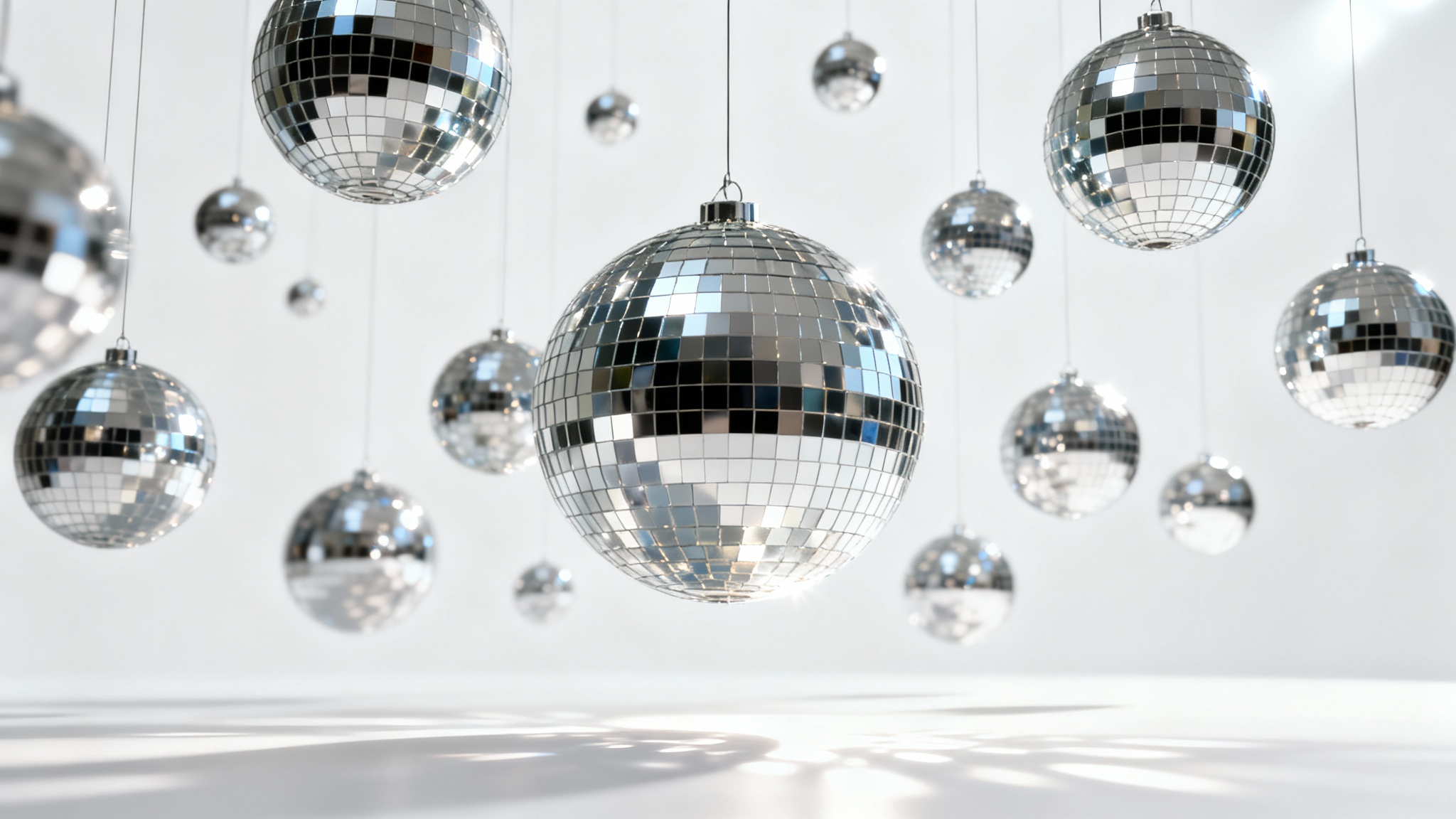 A photorealistic image of multiple hanging mirror spheres of various sizes, suspended against a clean white background, reflecting bright studio lights.