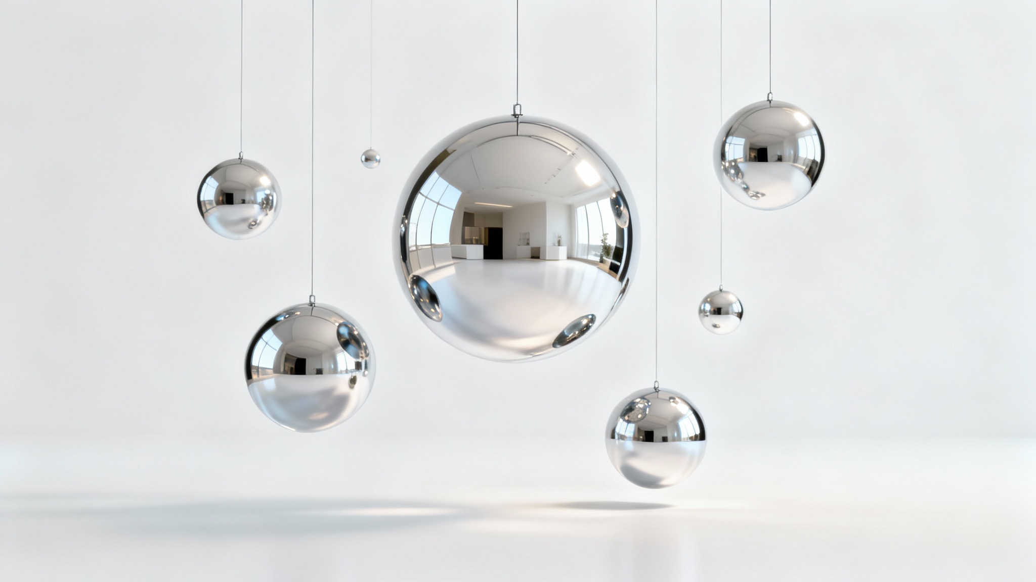 A minimalist studio shot of several perfectly smooth mirror spheres of different sizes hanging at various heights against a pure white background, reflecting abstract shapes.