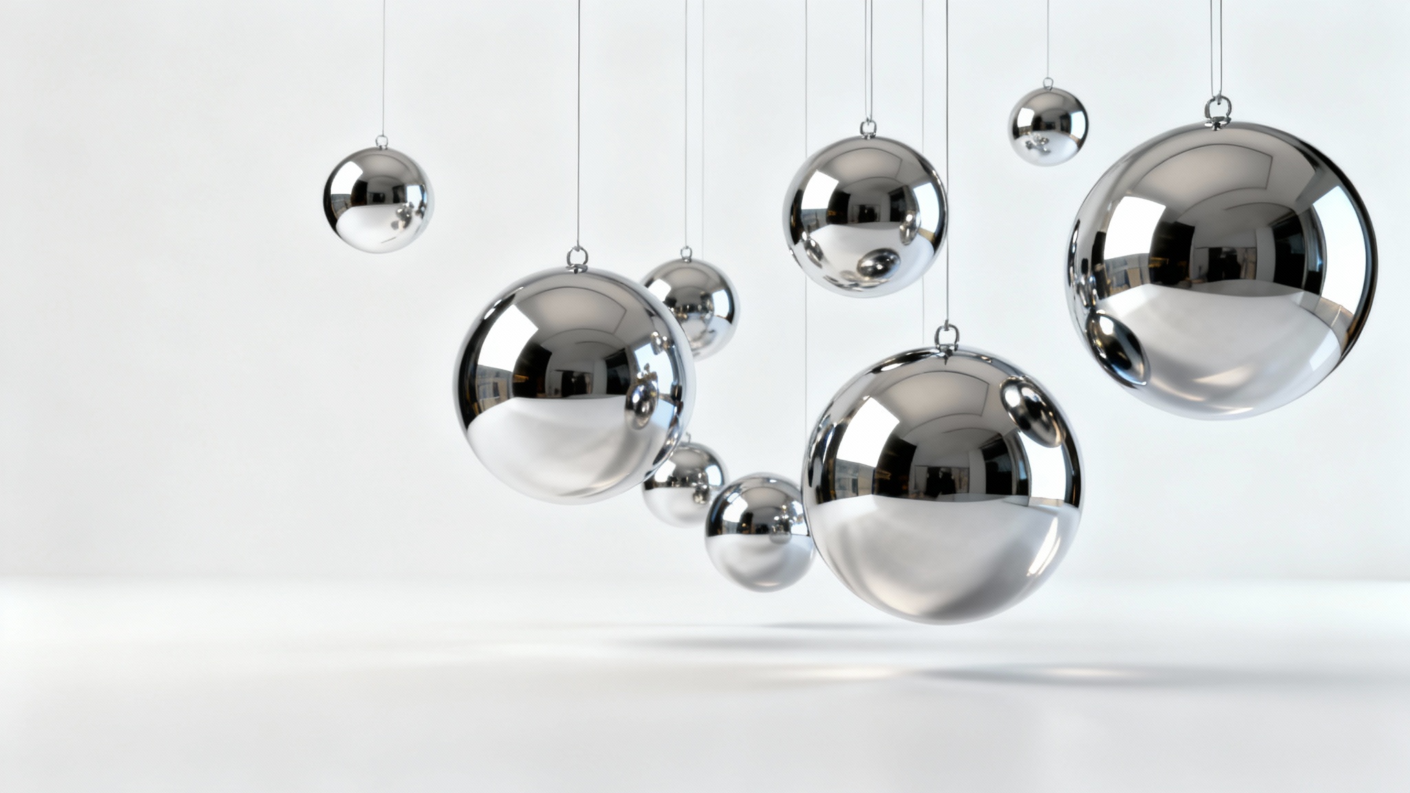 A minimalist product shot of several polished mirror spheres of different sizes hanging against a white background, reflecting light beautifully.