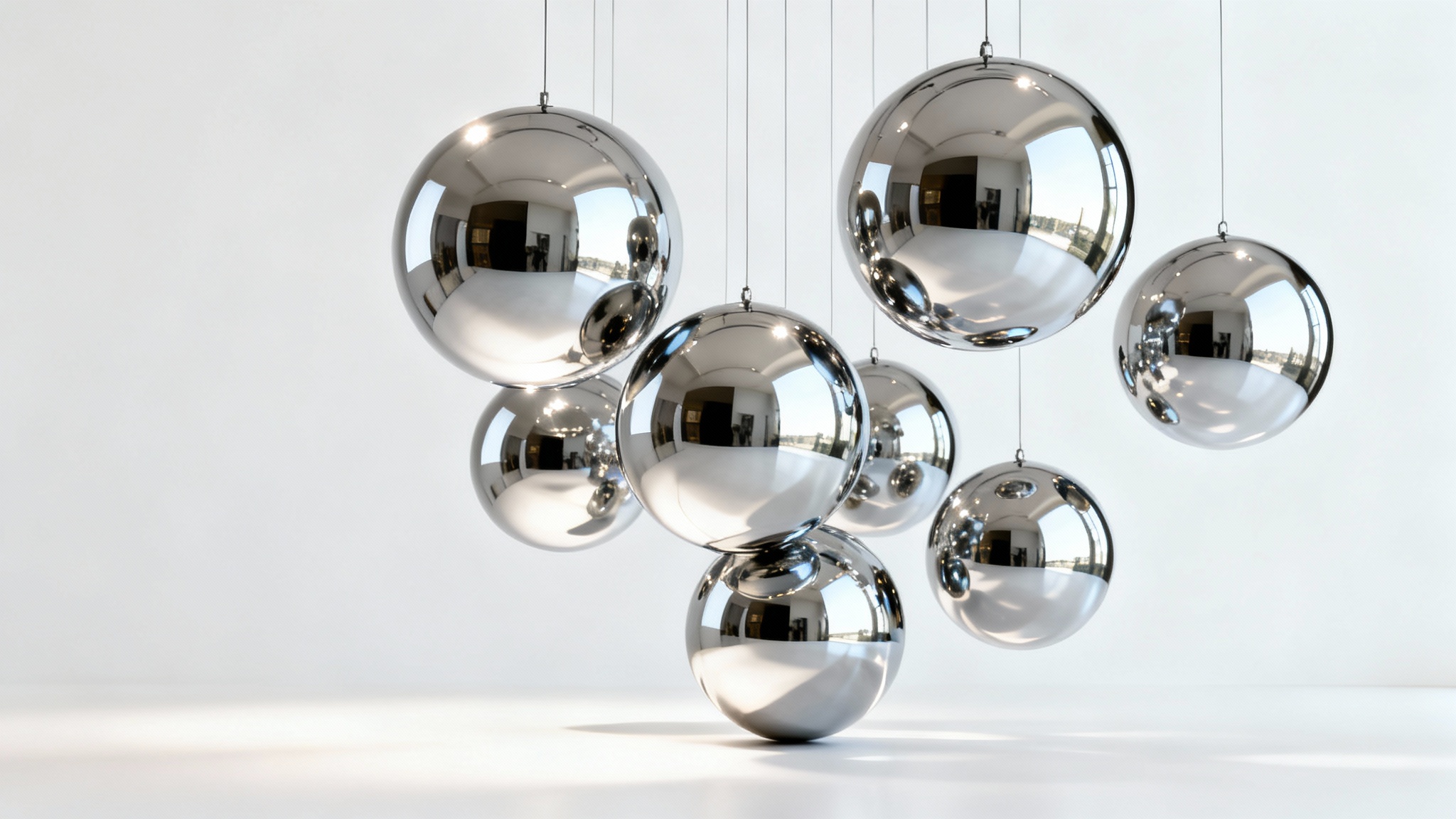 A minimalist product shot featuring several highly polished chrome mirror spheres hanging at various heights against a clean white background, reflecting soft studio lighting.