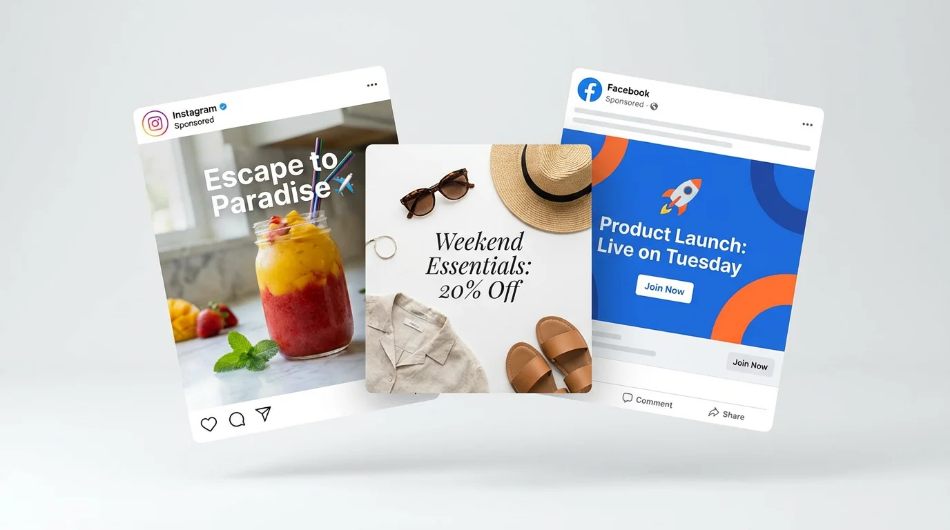 A collection of professionally designed social media posts for travel, fashion, and events, floating against a clean white background to showcase the final output of a design tool.