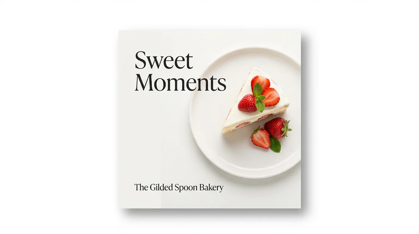 A mockup of a social media post for a bakery. The image shows a slice of strawberry shortcake from above, with text that reads 'Sweet Moments' and 'The Gilded Spoon Bakery'.