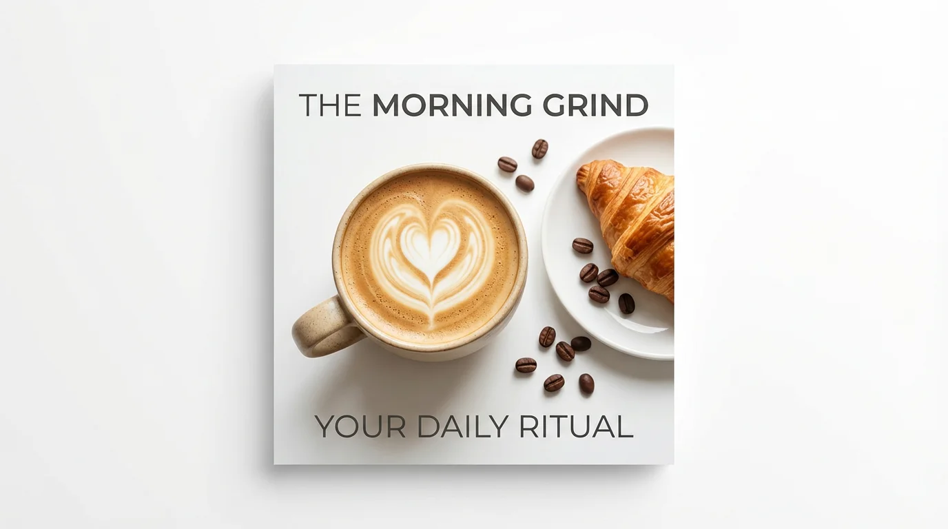 A mockup of a social media post for a coffee shop, shown on a white background. The image is a top-down view of a latte with heart-shaped art, a croissant, and coffee beans, with the text 'The Morning Grind' and 'Your Daily Ritual'.