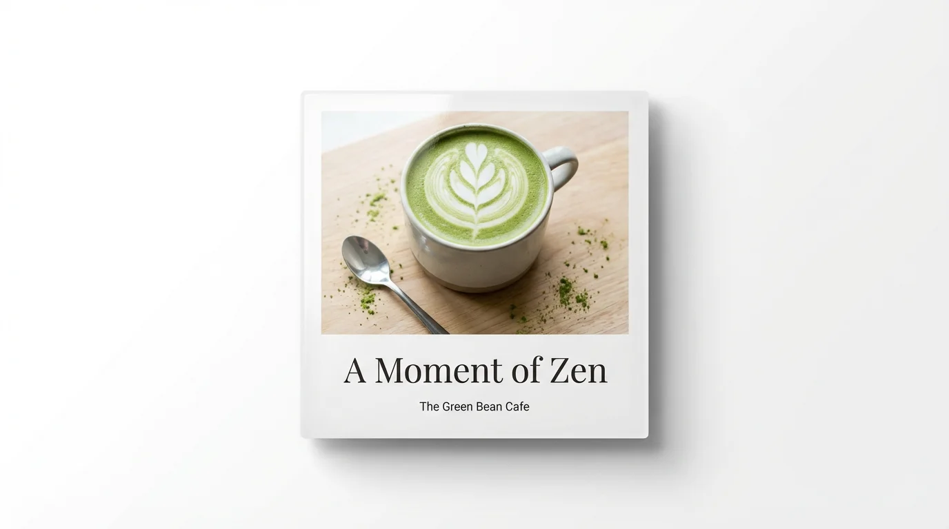 A mockup of a social media post for 'The Green Bean Cafe', showing a beautiful matcha latte with the text 'A Moment of Zen' against a white background.
