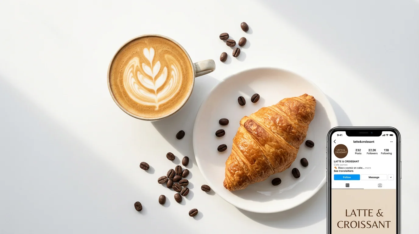 A flat lay photograph of a latte with rosetta art and a croissant, styled for a social media post, on a clean white background.