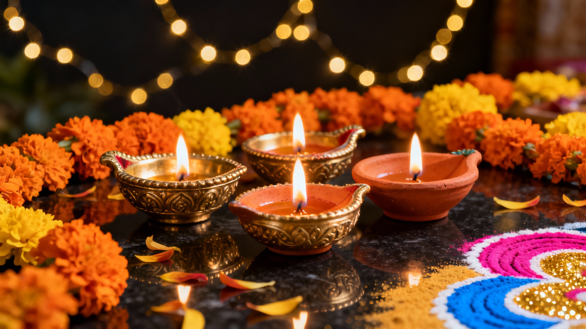 A festive Diwali background featuring glowing oil lamps (diyas), vibrant marigold flower garlands, and a colorful rangoli design against a dark background with sparkling bokeh lights.