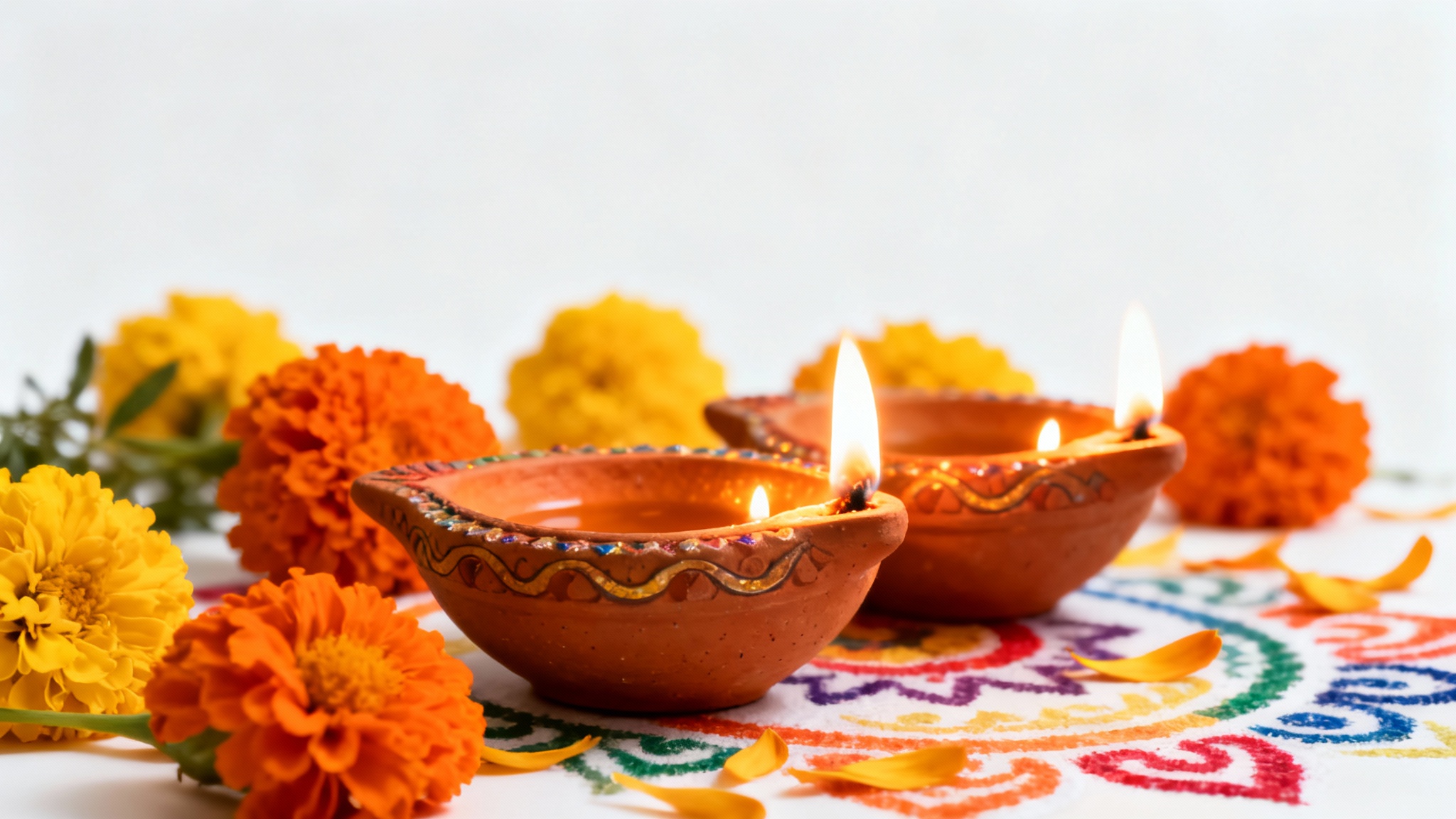 A festive Diwali background mockup displaying glowing clay diyas and bright orange marigold flowers arranged beautifully on a clean white surface.