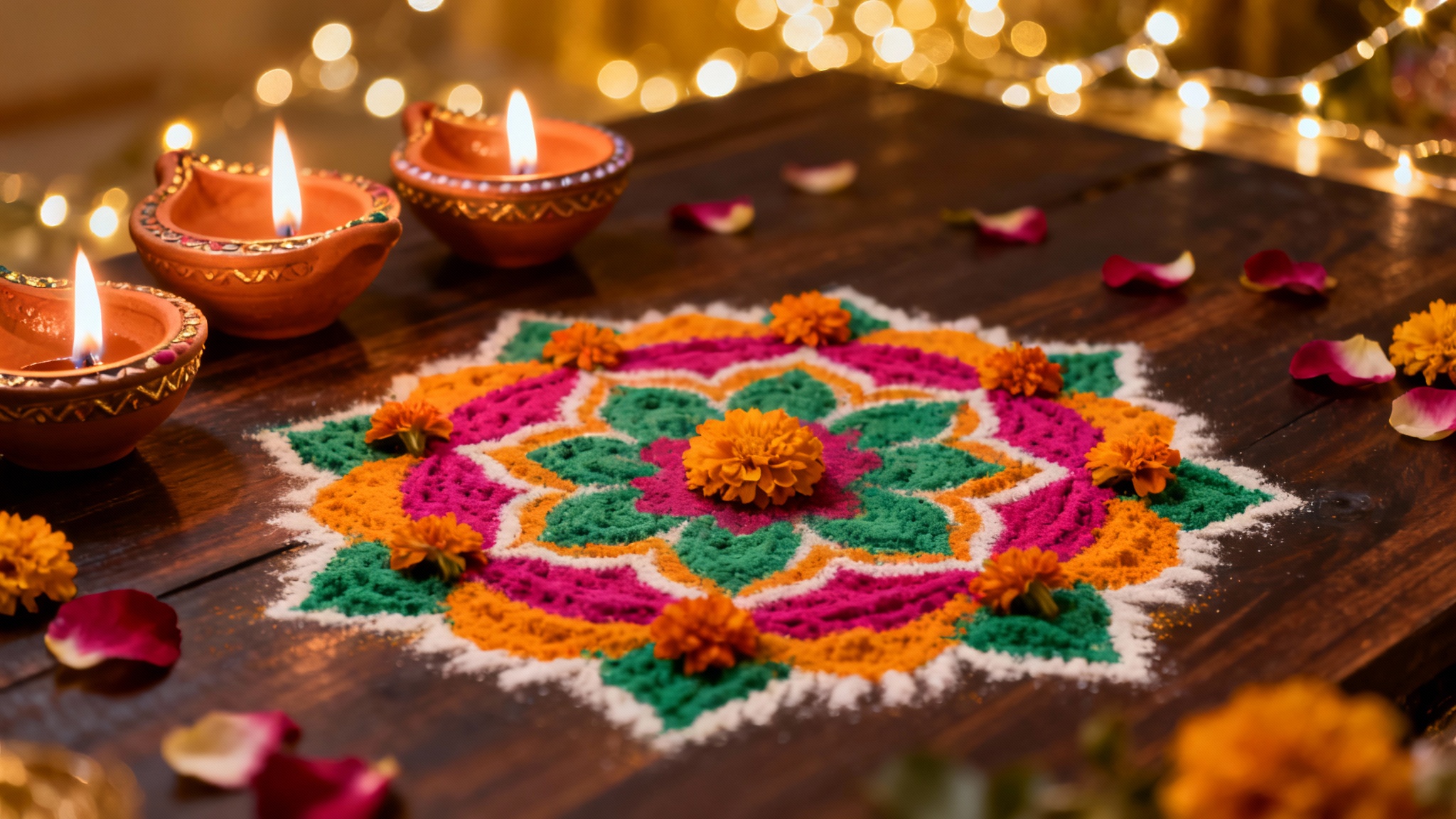 A festive Diwali background showing an intricate and colorful rangoli pattern on a dark surface, illuminated by the warm glow of several traditional clay oil lamps (diyas).