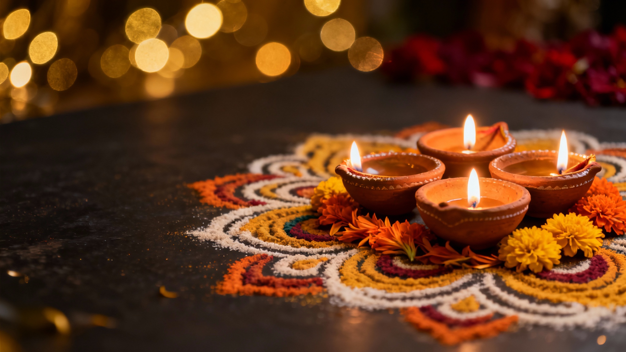 A festive Diwali background featuring glowing clay oil lamps (diyas), intricate rangoli powder designs, and marigold flowers, all set against a backdrop of soft, warm bokeh lights.