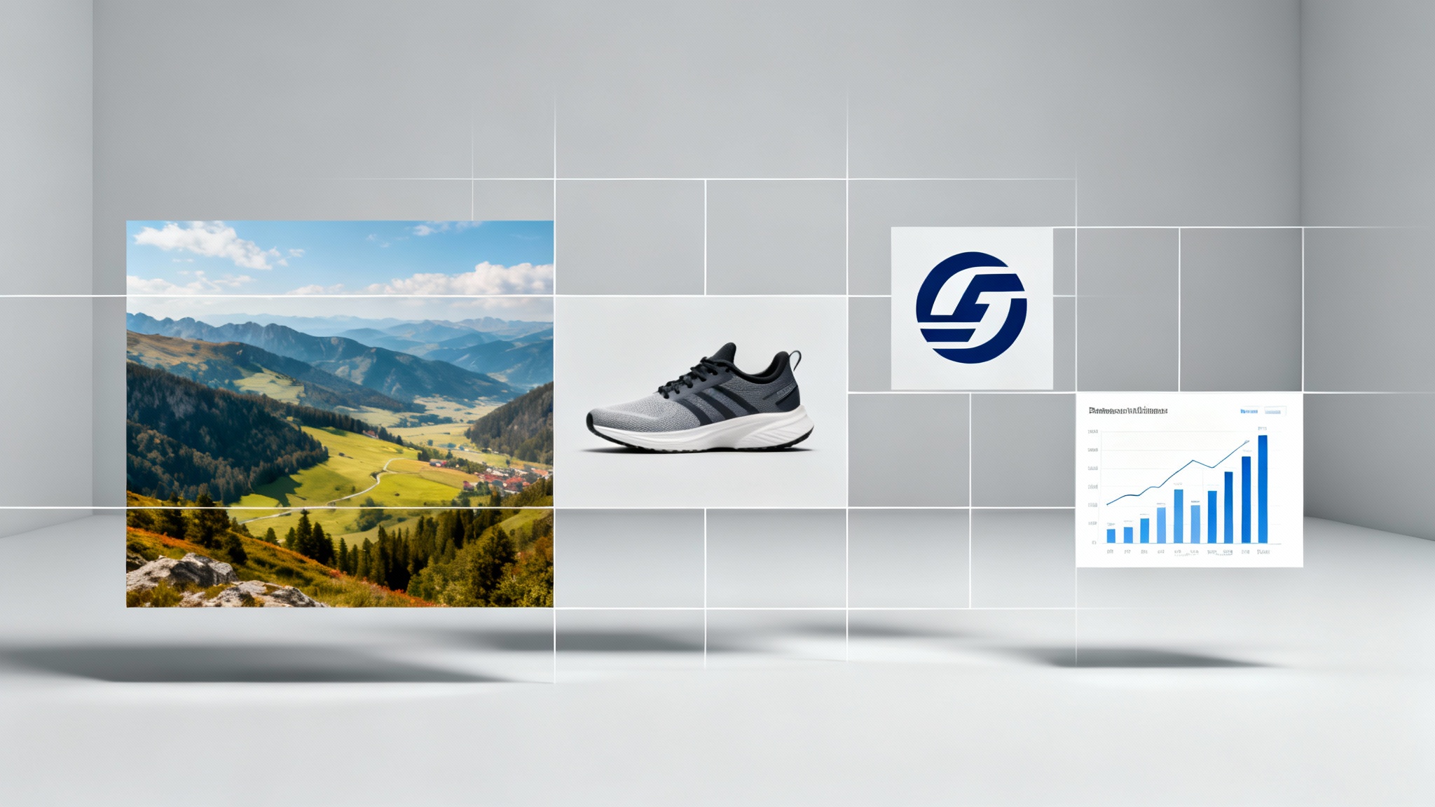 A polished grid of diverse images—a landscape, a sneaker, a logo, and a chart—all uniformly sized and arranged against a clean background, representing the successful output of a batch image conversion tool.