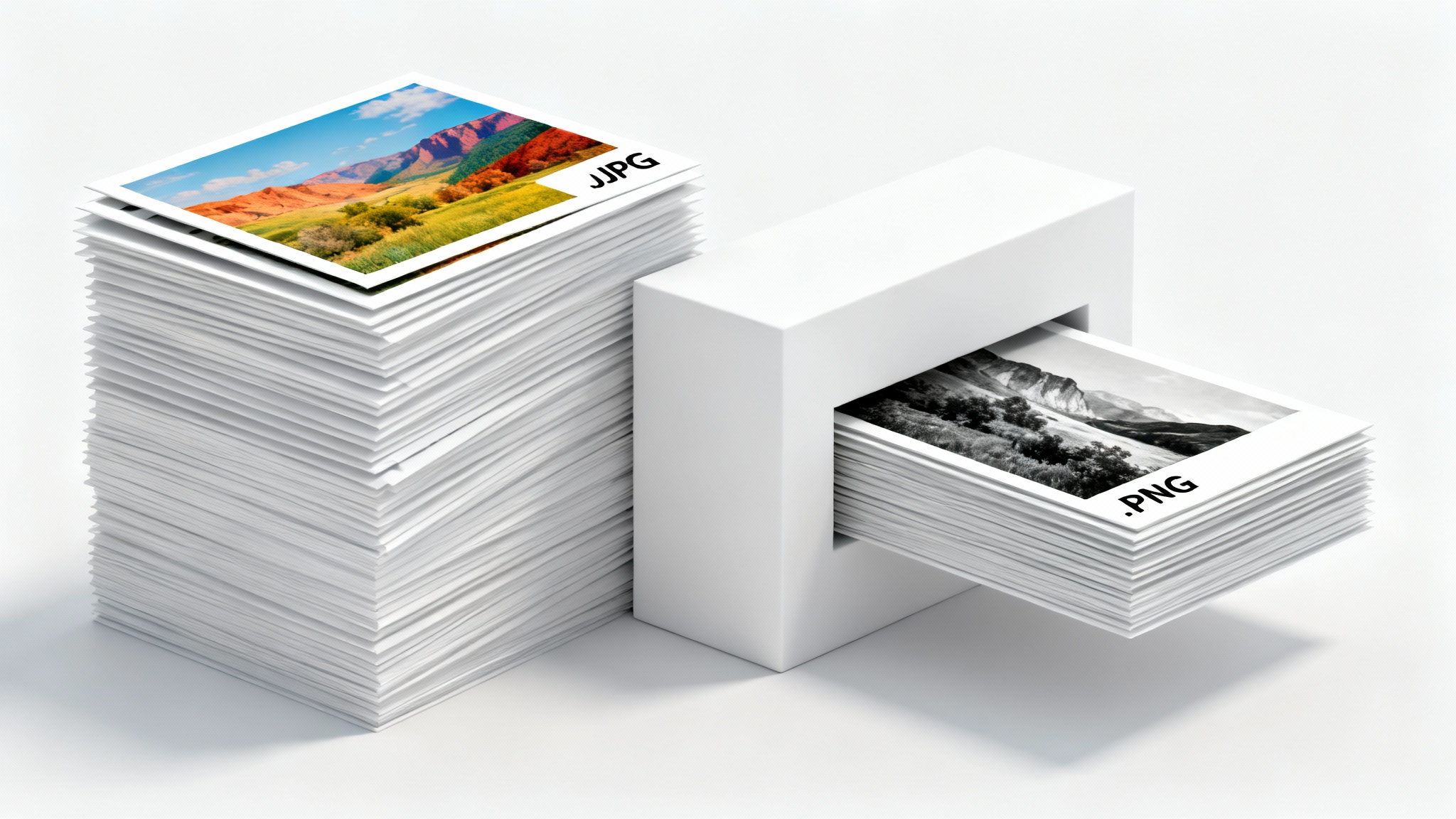 A conceptual 3D render showing batch image conversion. A stack of JPG photos enters a minimalist converter and emerges as a stack of PNG photos, all on a clean white background.