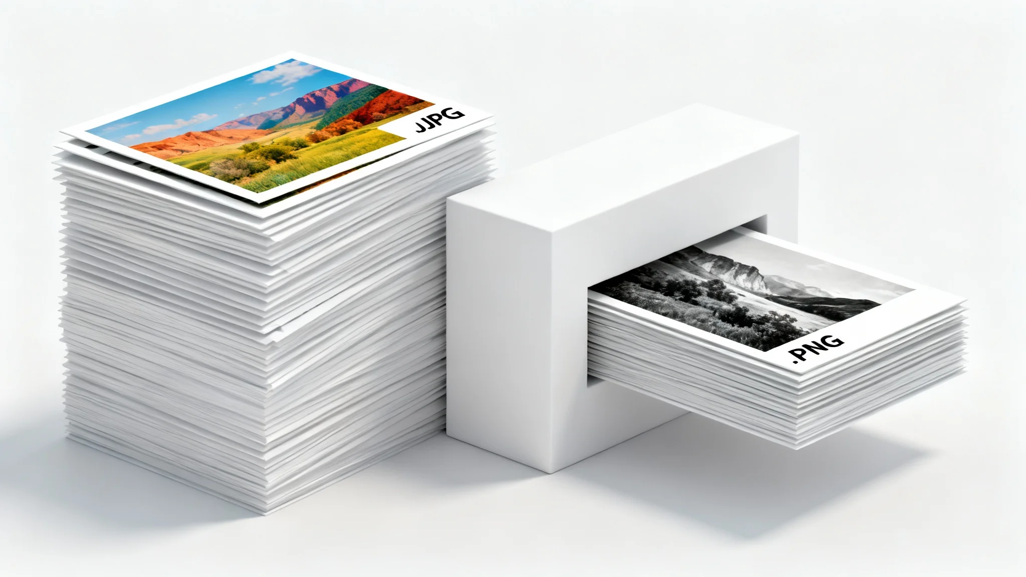 A conceptual 3D render showing batch image conversion. A stack of JPG photos enters a minimalist converter and emerges as a stack of PNG photos, all on a clean white background.