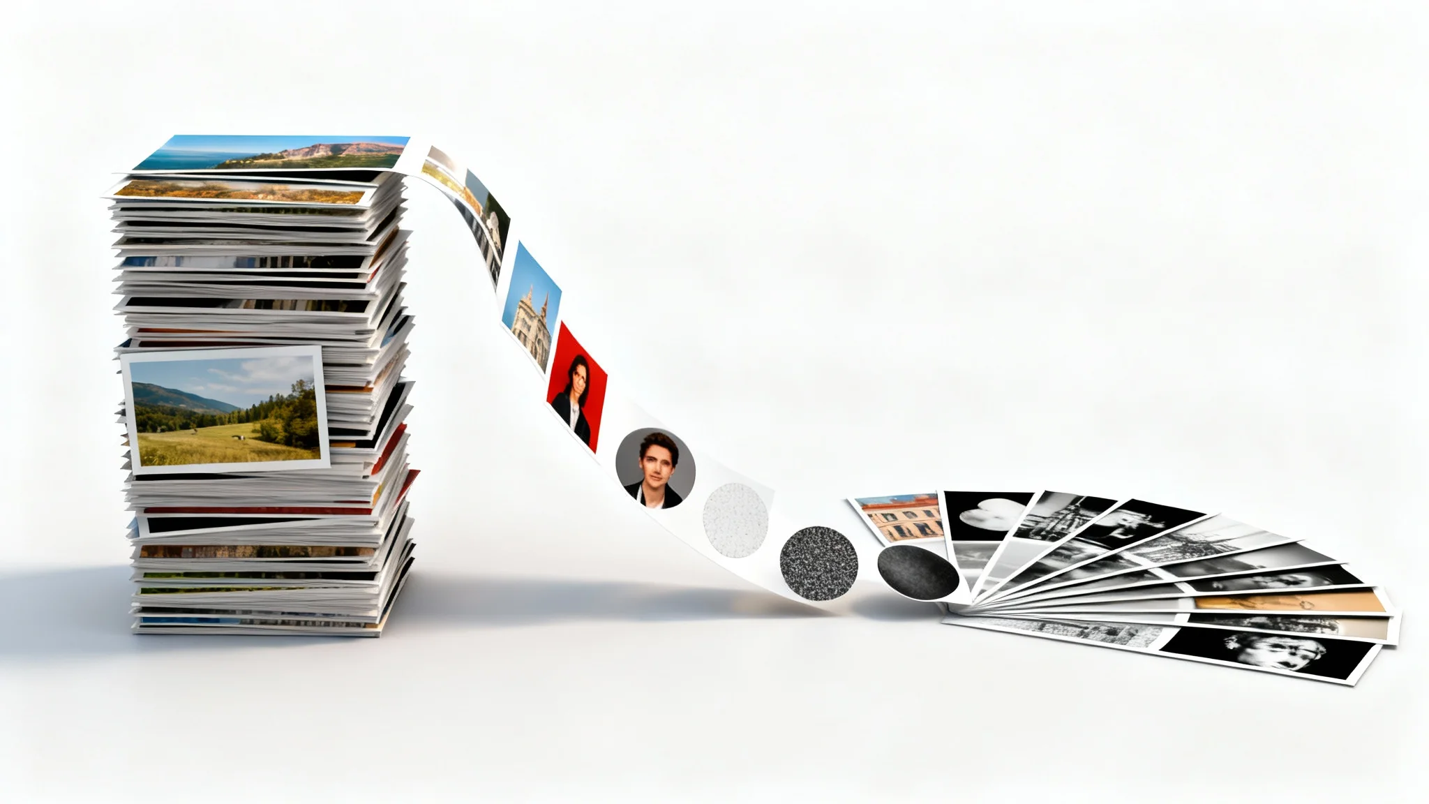 A conceptual 3D illustration of batch image conversion, showing a stack of photos on the left transforming into a new, organized set of different formats on the right, all against a plain white background.