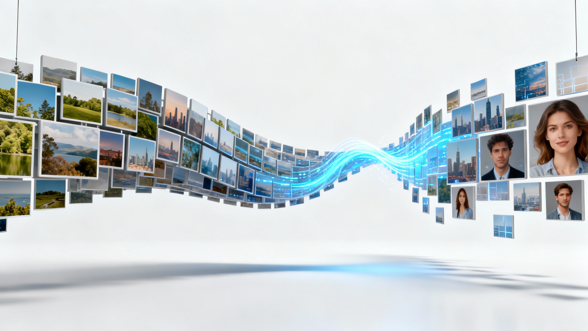 A 3D rendering of a cascade of image files transforming from one format to another, symbolizing batch image conversion.