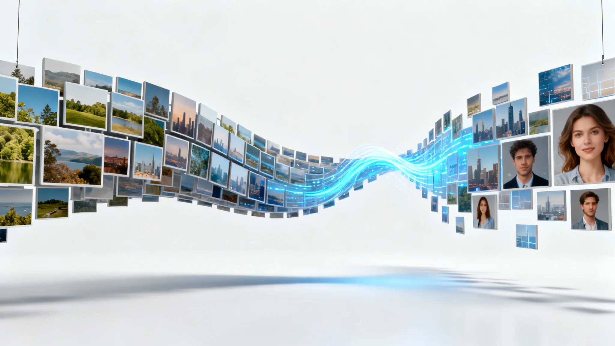 A 3D rendering of a cascade of image files transforming from one format to another, symbolizing batch image conversion.